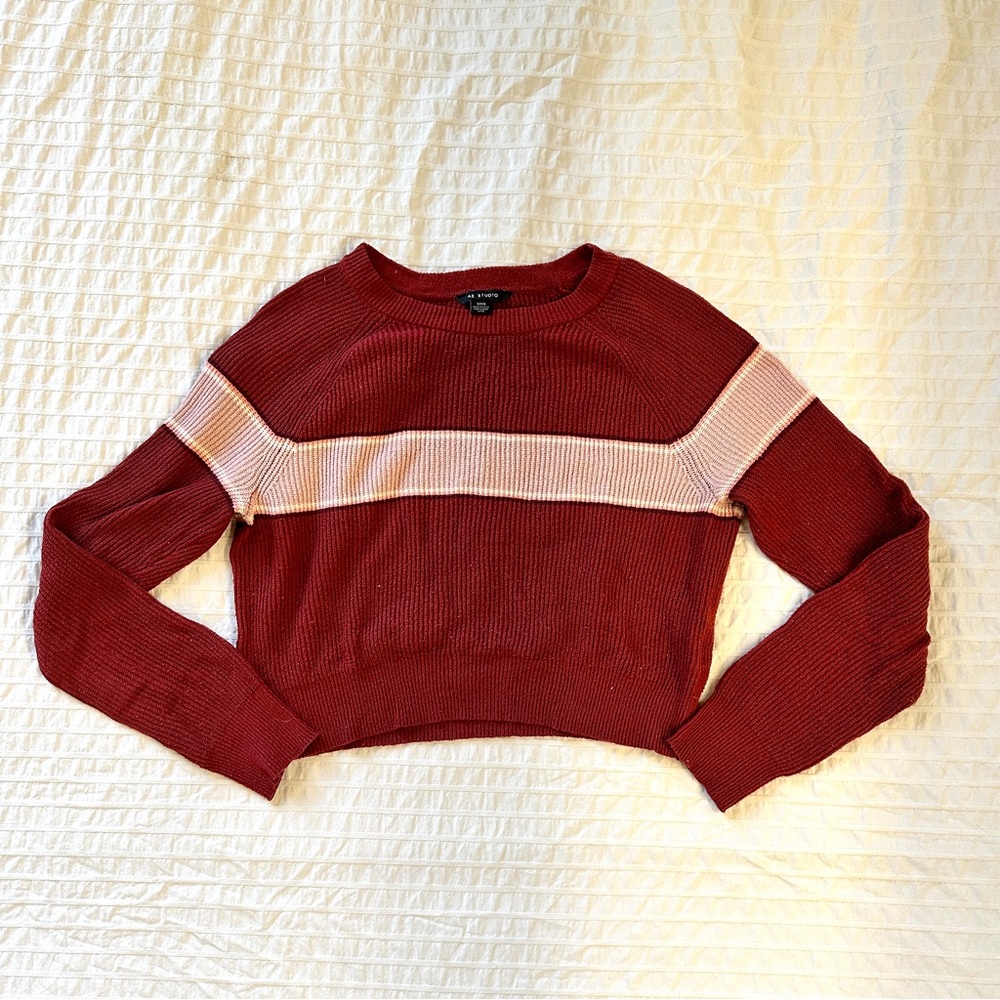 AE Studio Striped Cropped Burgundy and Pink Sweater